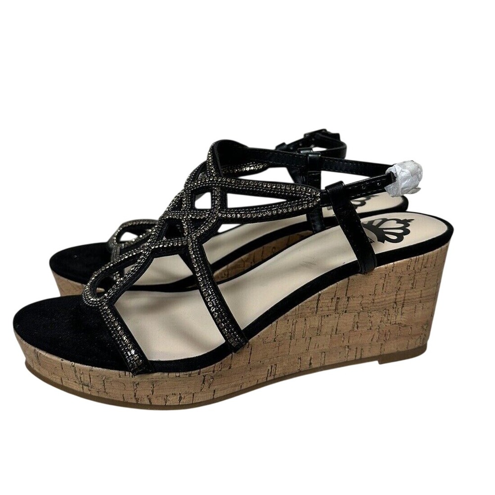 Fergalicious Mimic Wedge Sandals Women 6.5 Black Rhinestone Strappy Platform